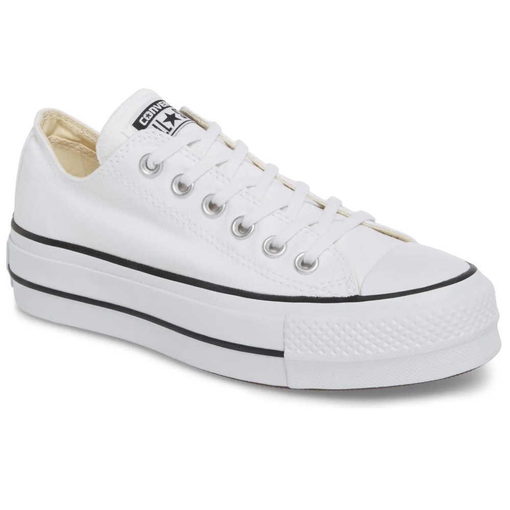 Converse White Low-Profile Platform Sneakers with Black Stripe
